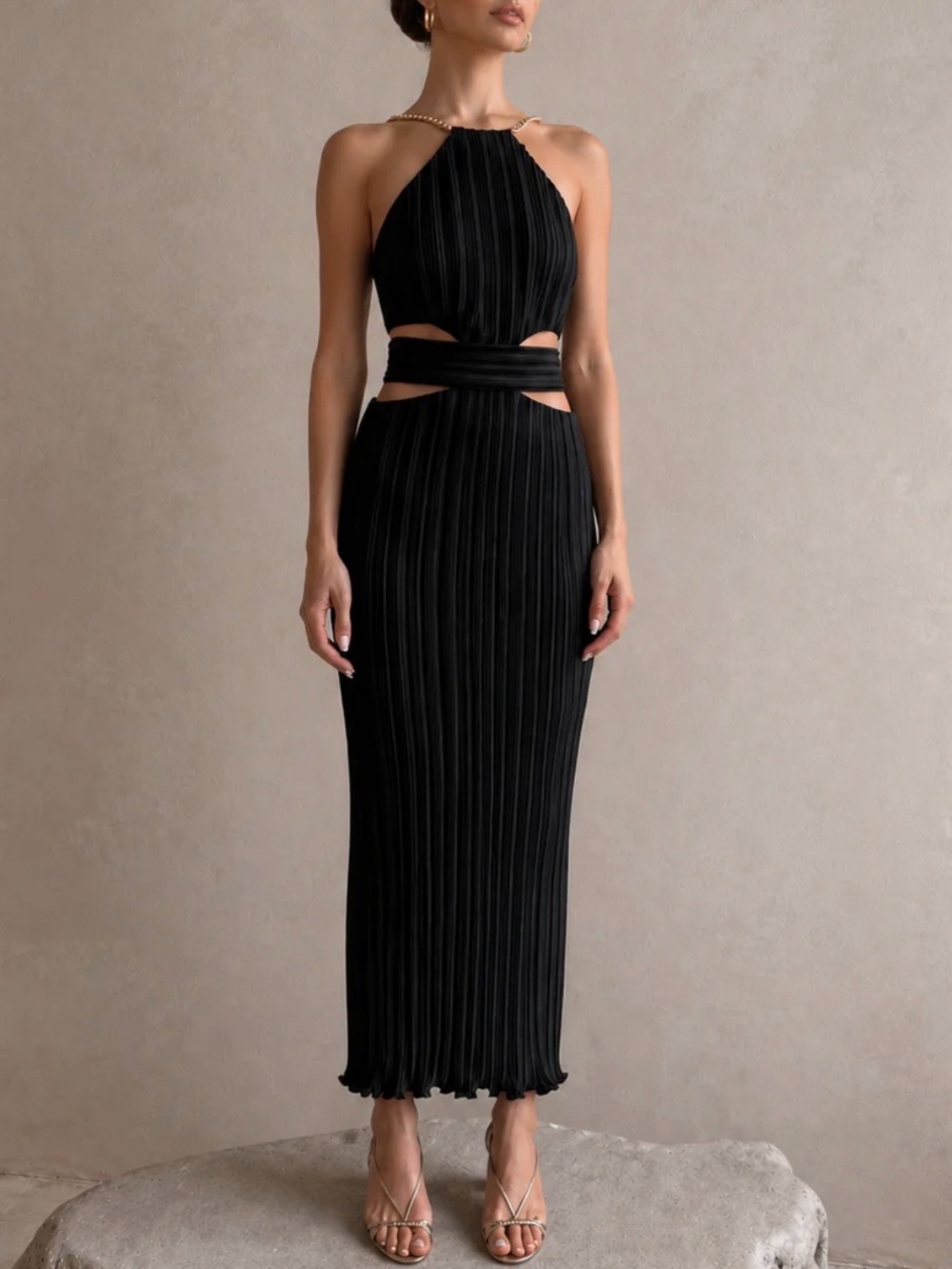 Aiifos Juliana Halter Black Cut Out Plisse Gown